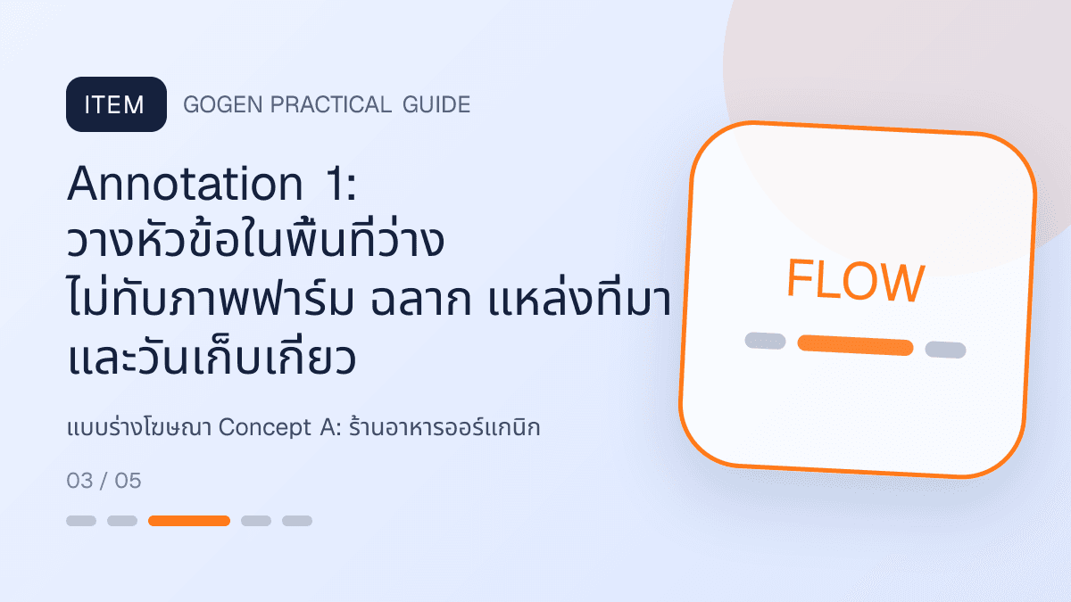 แบบร่างโฆษณา Concept Aสำหรับร้านอาหารออร์แกนิก แสดงผัก ผลไม้ และอาหารจากแหล่งผลิตที่ตรวจสอบได้ในสไตล์สด เป็นธรรมชาติ และโปร่งใสเรื่องที่มา: Annotation 1: วางหัวข้อในพื้นที่ว่าง ไม่ทับภาพฟาร์ม ฉลาก แหล่งที่มา และวันเก็บเกี่ยว