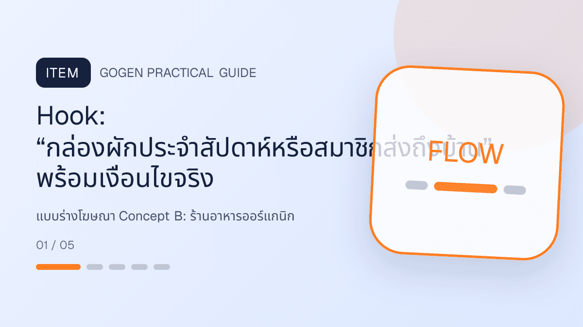 แบบร่างโฆษณา Concept Bสำหรับร้านอาหารออร์แกนิก แสดงผัก ผลไม้ และอาหารจากแหล่งผลิตที่ตรวจสอบได้ในสไตล์สด เป็นธรรมชาติ และโปร่งใสเรื่องที่มา: Hook: “กล่องผักประจำสัปดาห์หรือสมาชิกส่งถึงบ้าน” พร้อมเงื่อนไขจริง