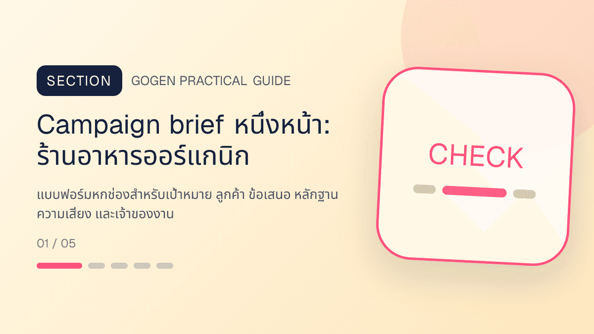 Campaign brief หนึ่งหน้าสำหรับร้านอาหารออร์แกนิก แสดงผัก ผลไม้ และอาหารจากแหล่งผลิตที่ตรวจสอบได้ในสไตล์สด เป็นธรรมชาติ และโปร่งใสเรื่องที่มา
