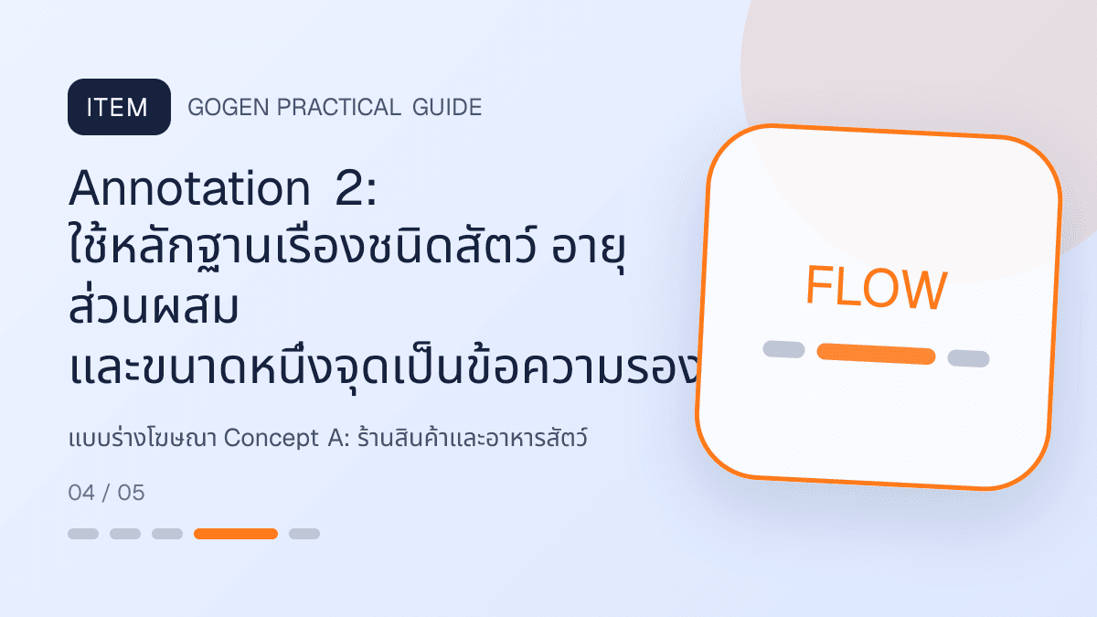 แบบร่างโฆษณา Concept Aสำหรับร้านสินค้าและอาหารสัตว์ แสดงอาหาร ของเล่น และอุปกรณ์สัตว์เลี้ยงในสไตล์อบอุ่น สนุก และเชื่อถือได้: Annotation 2: ใช้หลักฐานเรื่องชนิดสัตว์ อายุ ส่วนผสม และขนาดหนึ่งจุดเป็นข้อความรอง