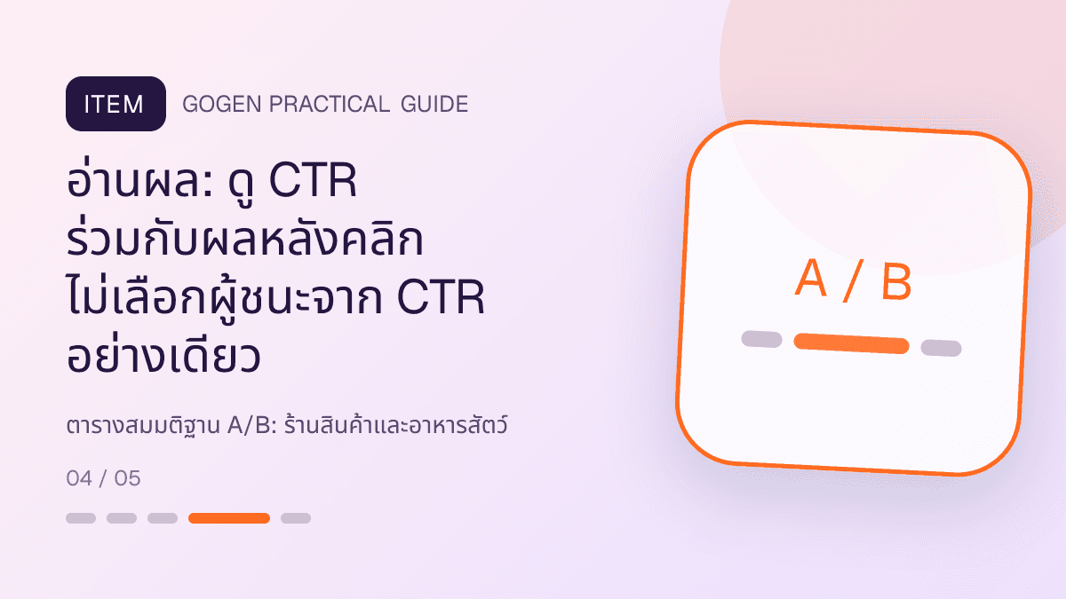 ตารางสมมติฐาน A/Bสำหรับร้านสินค้าและอาหารสัตว์ แสดงอาหาร ของเล่น และอุปกรณ์สัตว์เลี้ยงในสไตล์อบอุ่น สนุก และเชื่อถือได้: อ่านผล: ดู CTR ร่วมกับผลหลังคลิก ไม่เลือกผู้ชนะจาก CTR อย่างเดียว