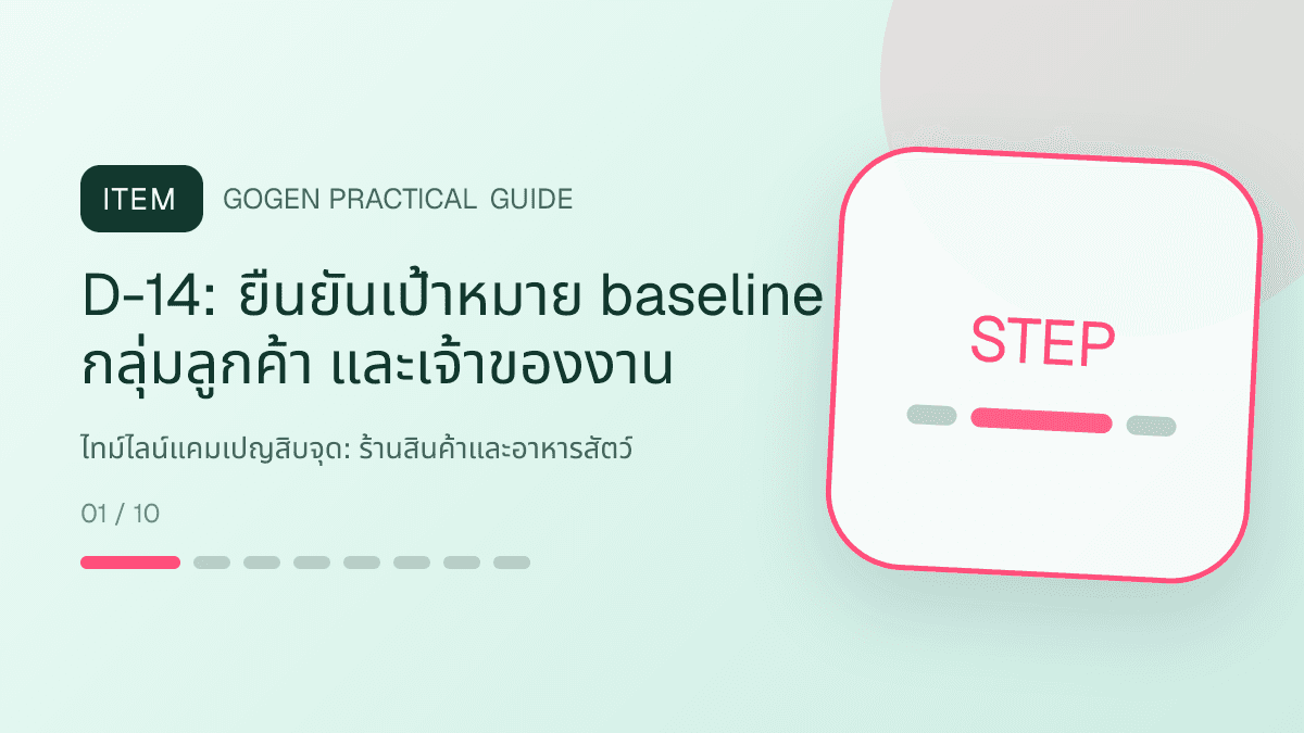 ไทม์ไลน์แคมเปญสิบจุดสำหรับร้านสินค้าและอาหารสัตว์ แสดงอาหาร ของเล่น และอุปกรณ์สัตว์เลี้ยงในสไตล์อบอุ่น สนุก และเชื่อถือได้: D-14: ยืนยันเป้าหมาย baseline กลุ่มลูกค้า และเจ้าของงาน