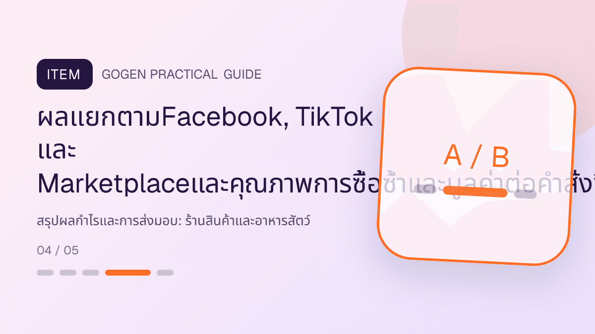 สรุปผลกำไรและการส่งมอบสำหรับร้านสินค้าและอาหารสัตว์ แสดงอาหาร ของเล่น และอุปกรณ์สัตว์เลี้ยงในสไตล์อบอุ่น สนุก และเชื่อถือได้: ผลแยกตามFacebook, TikTok และ Marketplaceและคุณภาพการซื้อซ้ำและมูลค่าต่อคำสั่งซื้อ