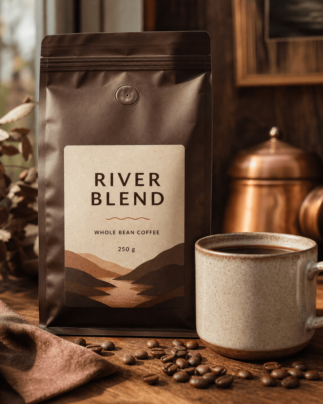 ภาพสินค้า RIVER BLEND WHOLE BEAN COFFEE 250 g คู่แก้วกาแฟในฉากไม้สีน้ำตาลอุ่น