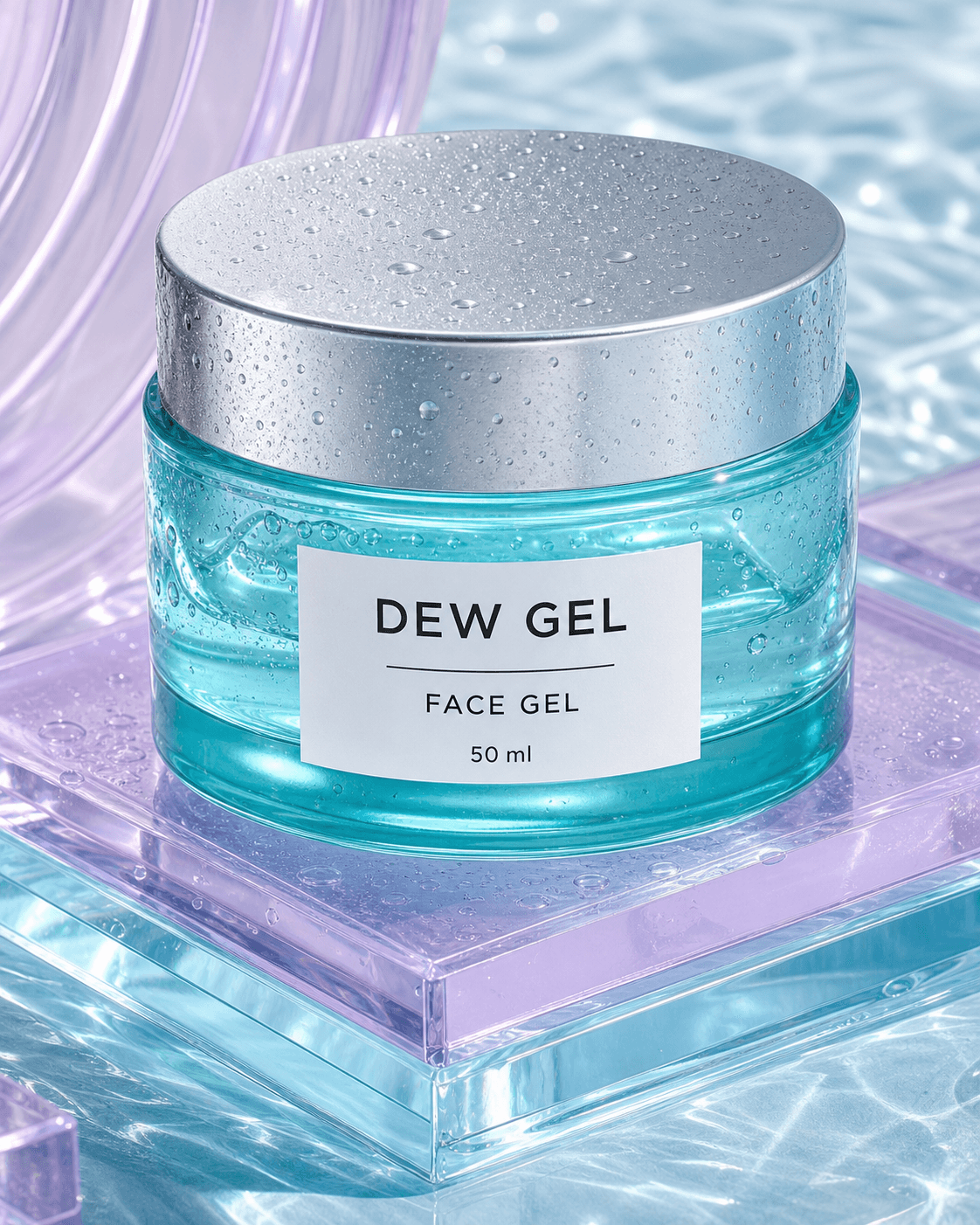 ภาพกระปุก DEW GEL FACE GEL 50 ml บนแท่นอะคริลิกโทน aqua และ lilac