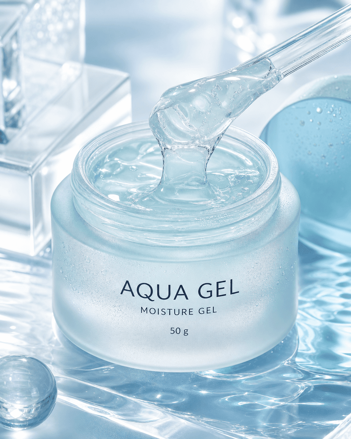 ภาพมาโครกระปุก AQUA GEL MOISTURE GEL 50 g และเนื้อเจลใสบนไม้พายแก้ว