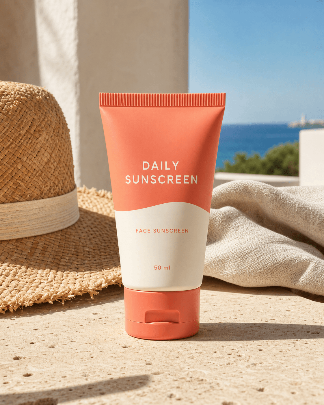 ภาพไลฟ์สไตล์หลอด DAILY SUNSCREEN FACE SUNSCREEN 50 ml บนหินข้างหมวกสานในแสงเช้า
