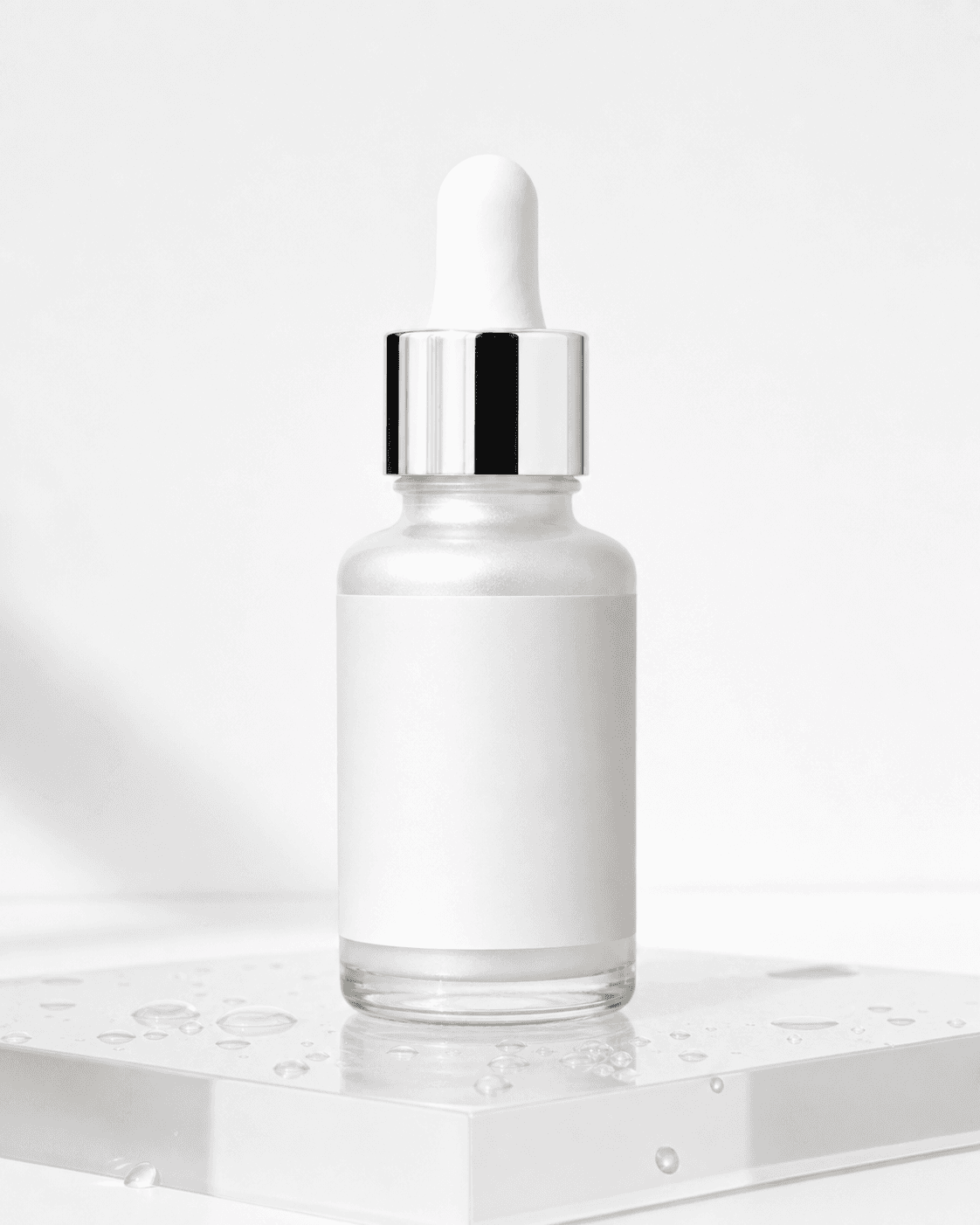 ภาพเซรั่มขวดแก้วสีขาวมุกบนแท่นอะคริลิกในฉาก Clean Clinical ไม่มีข้อความหรือพื้นที่รอทำโปสเตอร์