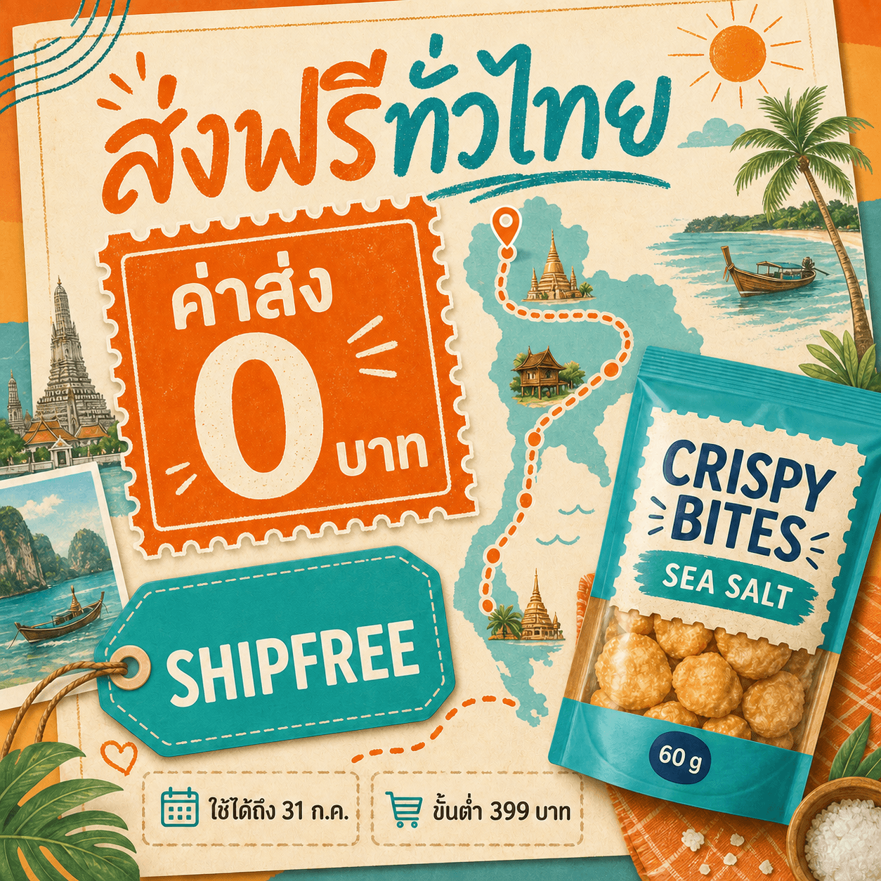 คูปองส่งฟรี SHIPFREE สไตล์ Travel Postcard โทน tangerine และ turquoise พร้อมถุง CRISPY BITES SEA SALT 60 g