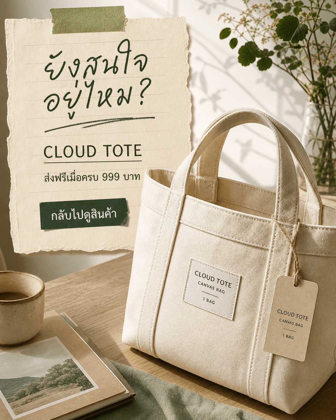 โฆษณา Facebook กระเป๋า CLOUD TOTE สไตล์กระดาษโน้ตโทนเขียวเสจ พร้อมข้อความส่งฟรีและกลับไปดูสินค้า