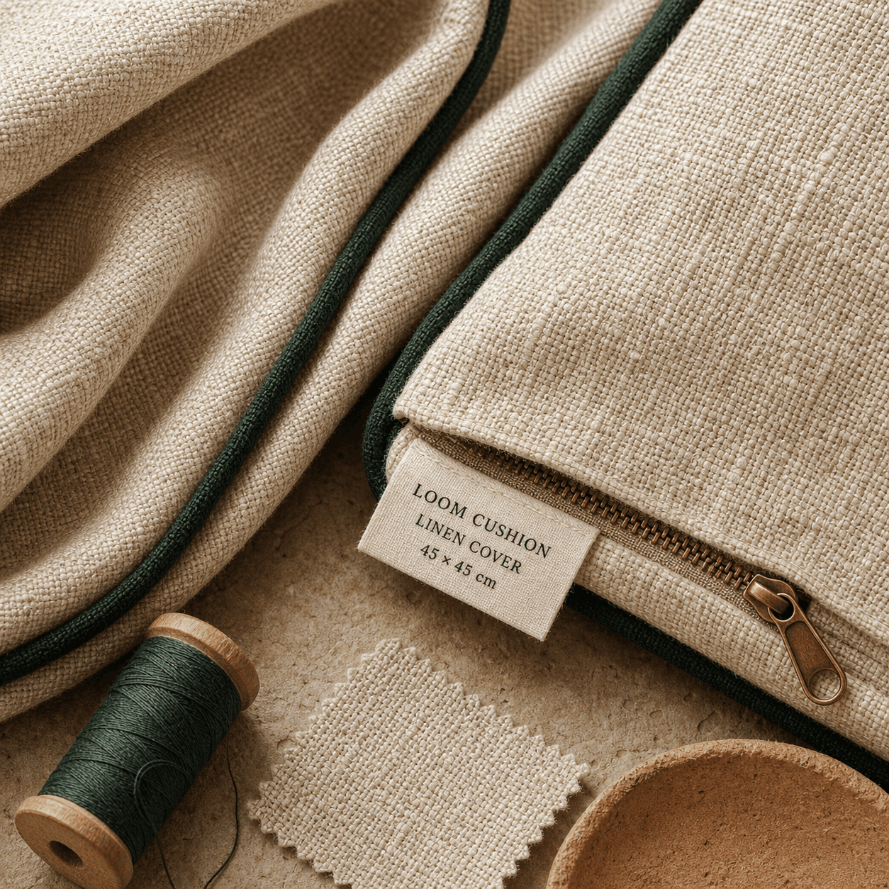 ภาพรายละเอียดปลอกหมอน LOOM CUSHION LINEN COVER 45 × 45 cm เห็นลายผ้า ขอบเขียว และซิปทองเหลือง