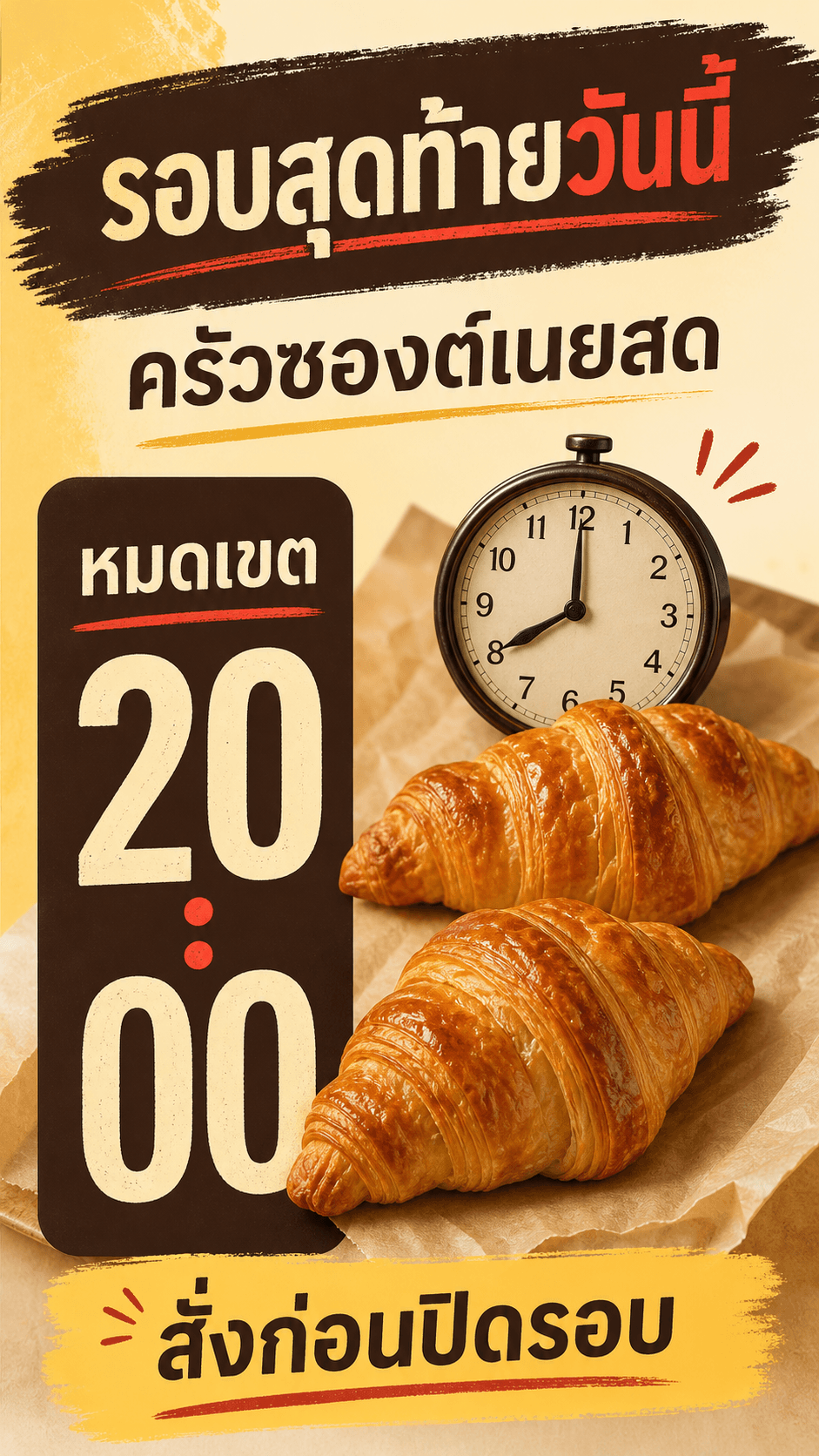 Instagram Story ครัวซองต์เนยสดแบบ countdown มีข้อความรอบสุดท้ายวันนี้ หมดเขต 20:00 และสั่งก่อนปิดรอบ