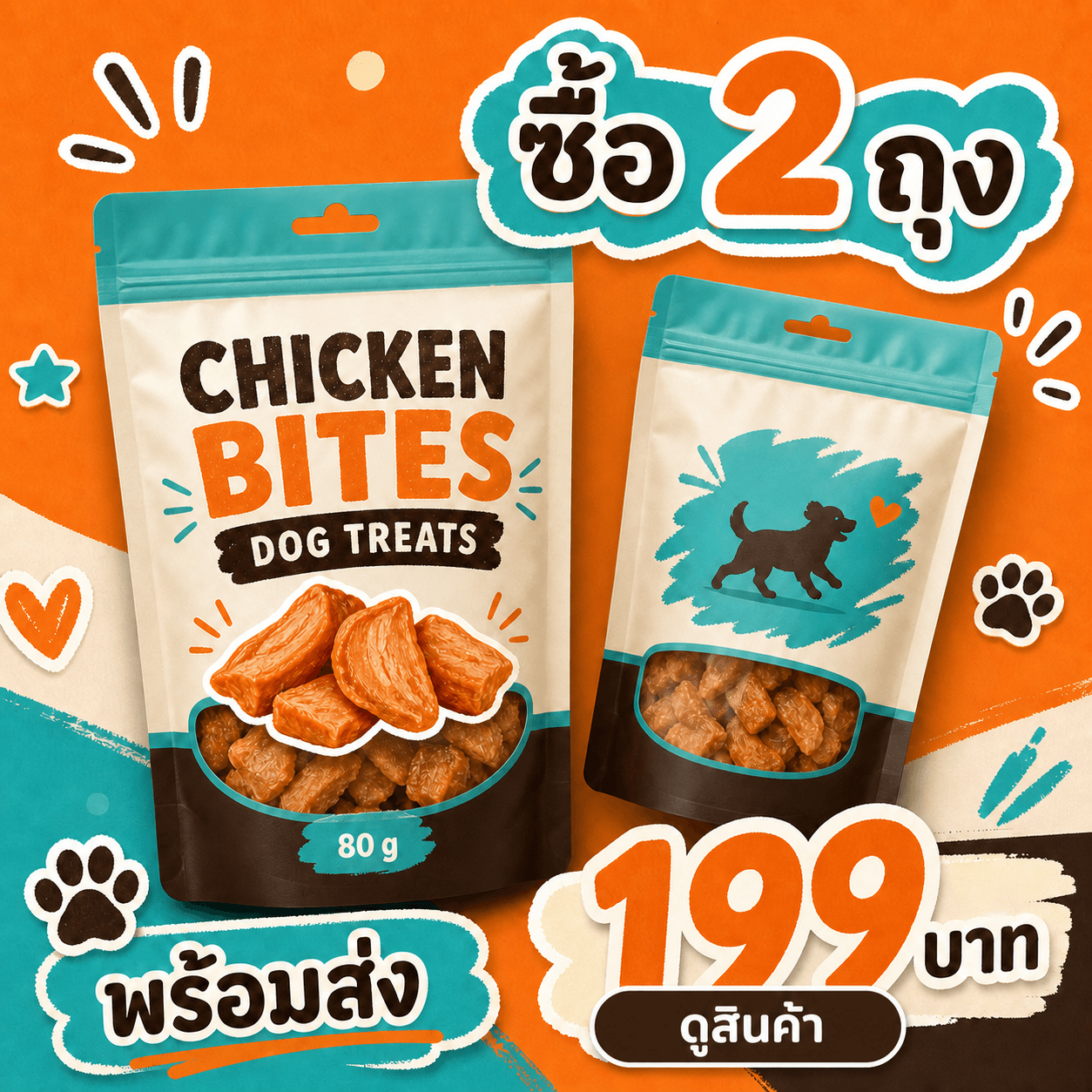 ภาพปก CHICKEN BITES DOG TREATS 80 g สองถุง ราคา 199 บาท พร้อมส่ง และ CTA ดูสินค้า