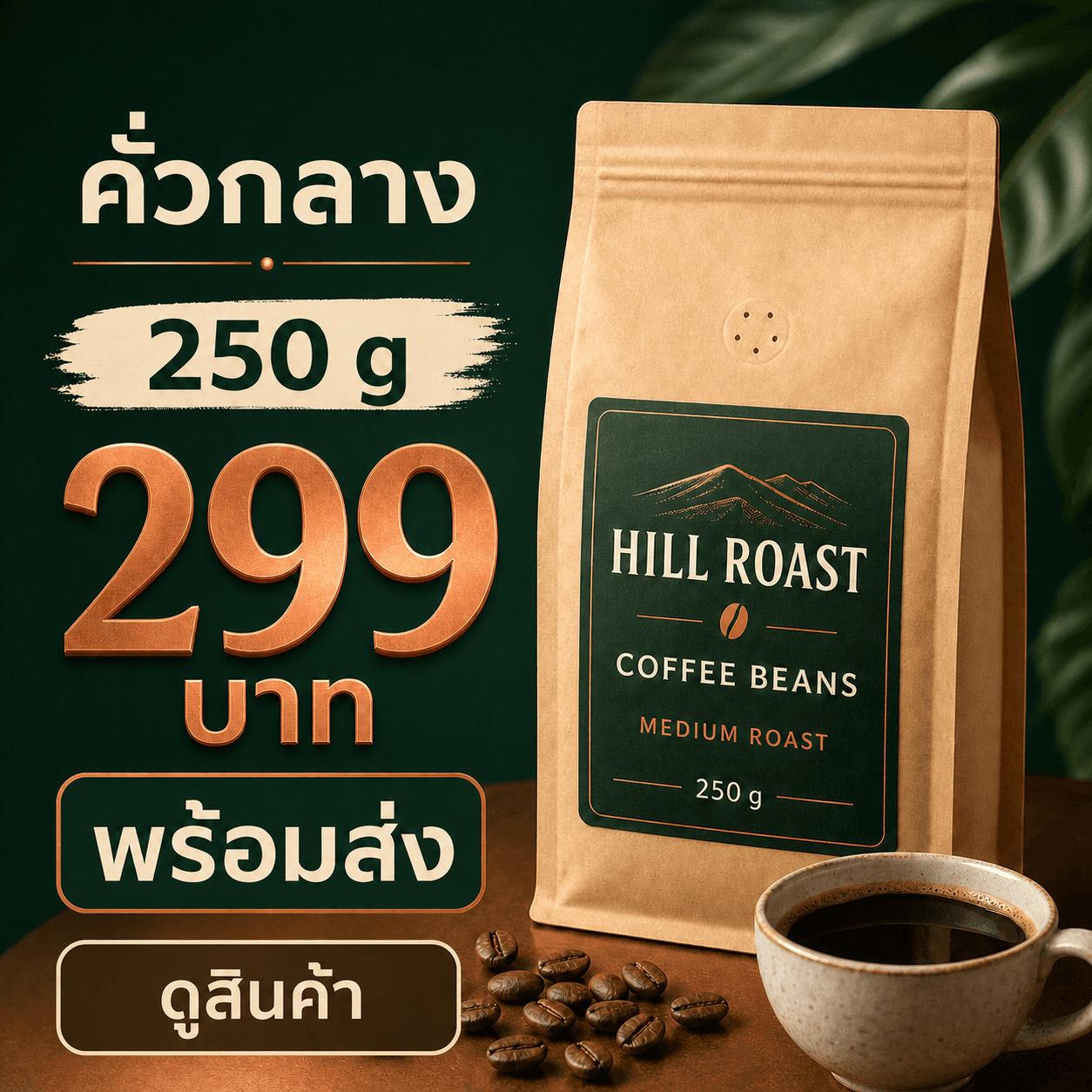 ภาพปก HILL ROAST COFFEE BEANS MEDIUM ROAST 250 g ราคา 299 บาท พร้อมส่ง และ CTA ดูสินค้า