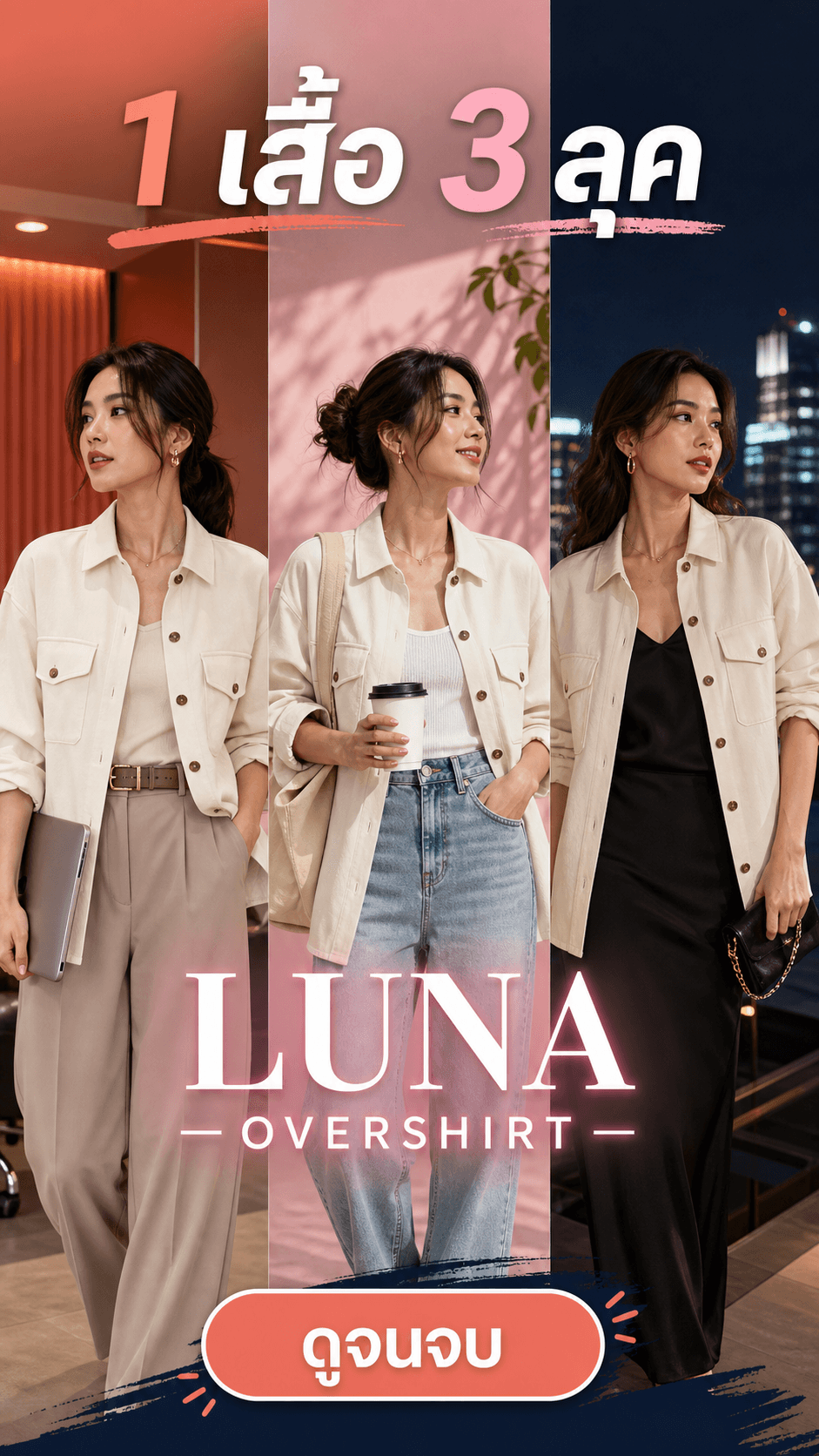 ปก TikTok เสื้อ LUNA OVERSHIRT แบ่งสามช่องสามลุค พร้อมข้อความ 1 เสื้อ 3 ลุคและดูจนจบ