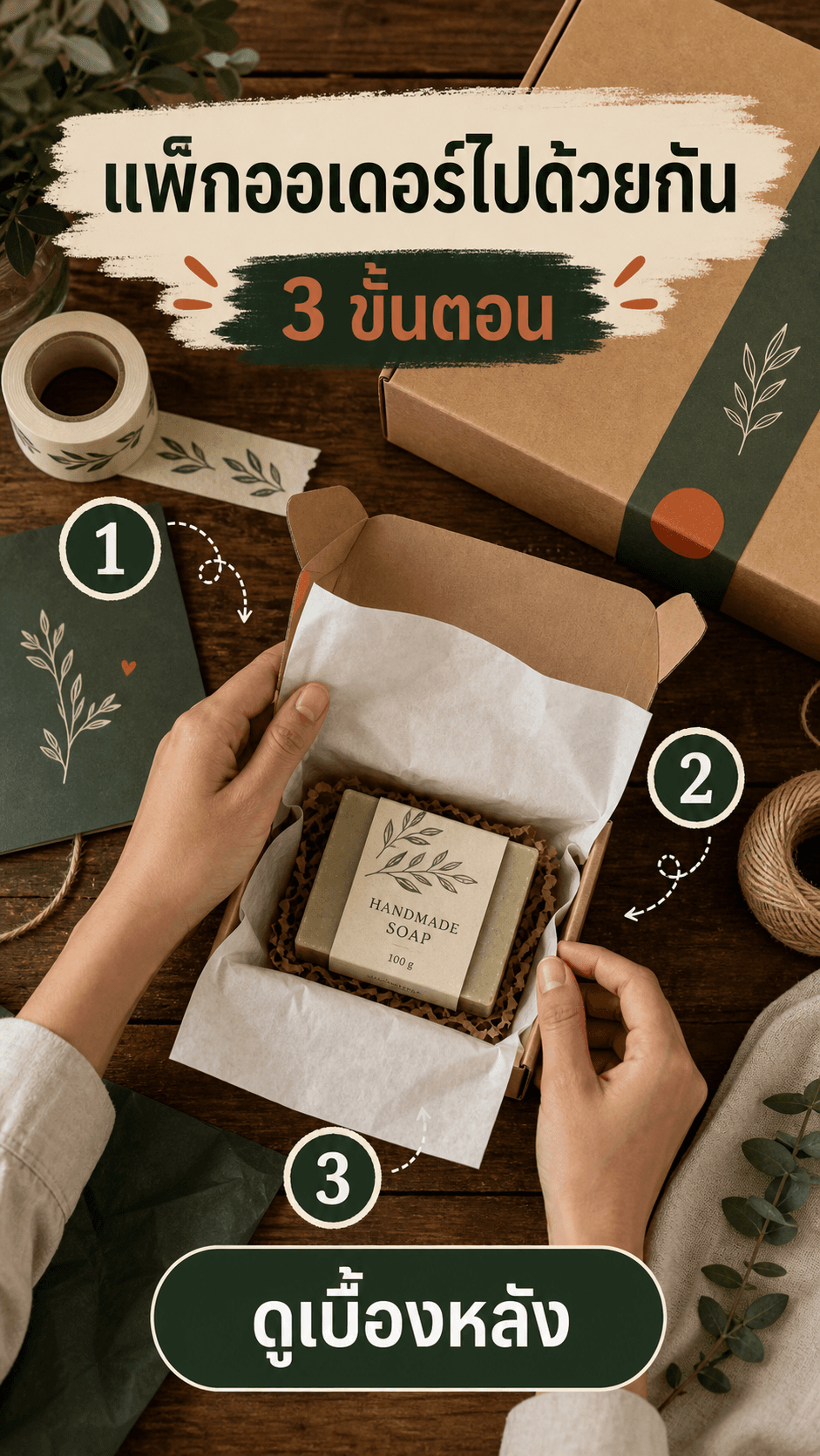 ปกคลิปเบื้องหลังแพ็กสบู่ HANDMADE SOAP 100 g มีสามขั้นตอนและ CTA ดูเบื้องหลัง
