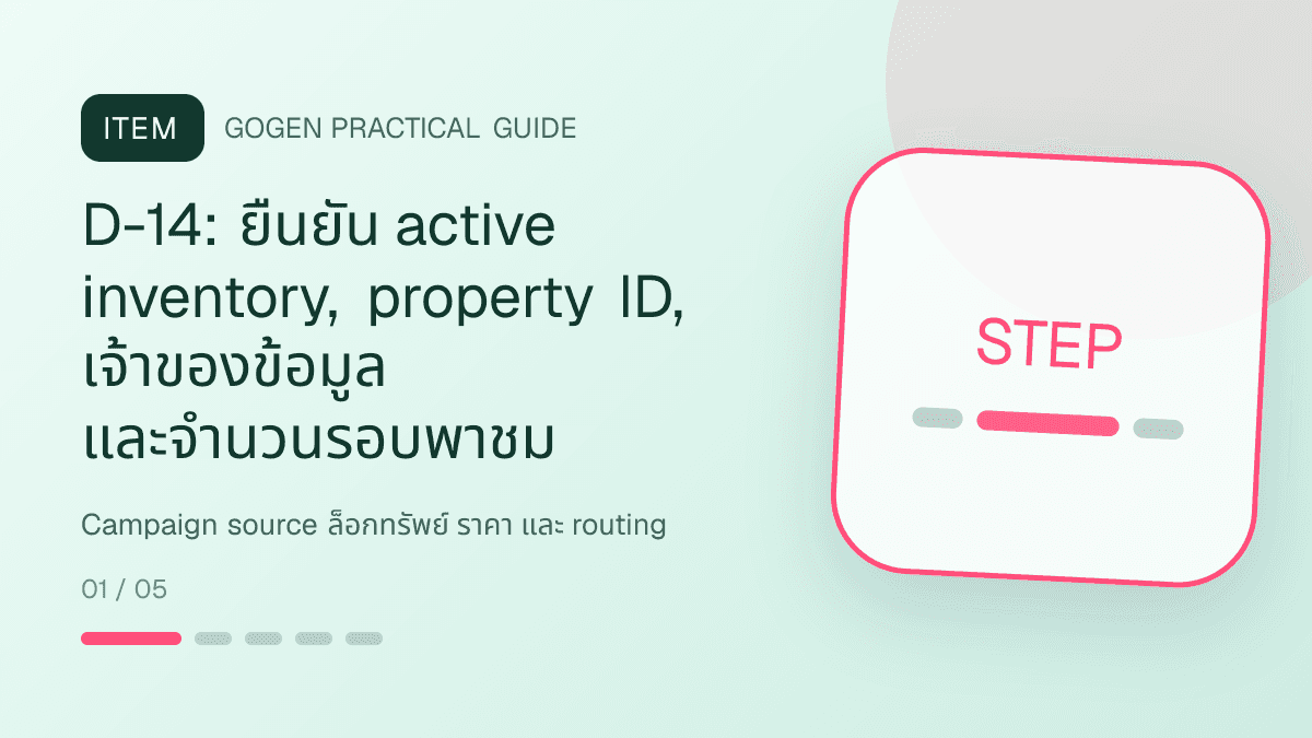 ไทม์ไลน์แคมเปญสิบจุดสำหรับธุรกิจอสังหาริมทรัพย์ แสดงบ้าน คอนโด และพื้นที่เชิงพาณิชย์ในสไตล์โปร่ง เป็นมืออาชีพ และสมจริง: D-14: ยืนยัน active inventory, property ID, เจ้าของข้อมูล และจำนวนรอบพาชม