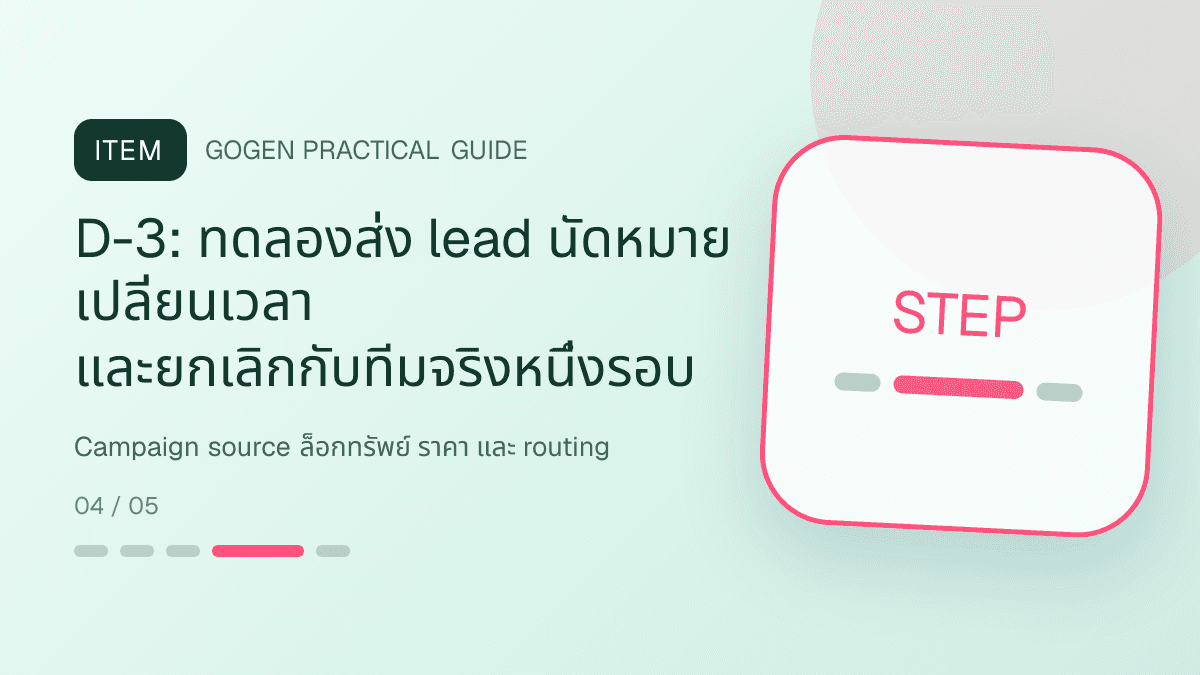 ไทม์ไลน์แคมเปญสิบจุดสำหรับธุรกิจอสังหาริมทรัพย์ แสดงบ้าน คอนโด และพื้นที่เชิงพาณิชย์ในสไตล์โปร่ง เป็นมืออาชีพ และสมจริง: D-3: ทดลองส่ง lead นัดหมาย เปลี่ยนเวลา และยกเลิกกับทีมจริงหนึ่งรอบ