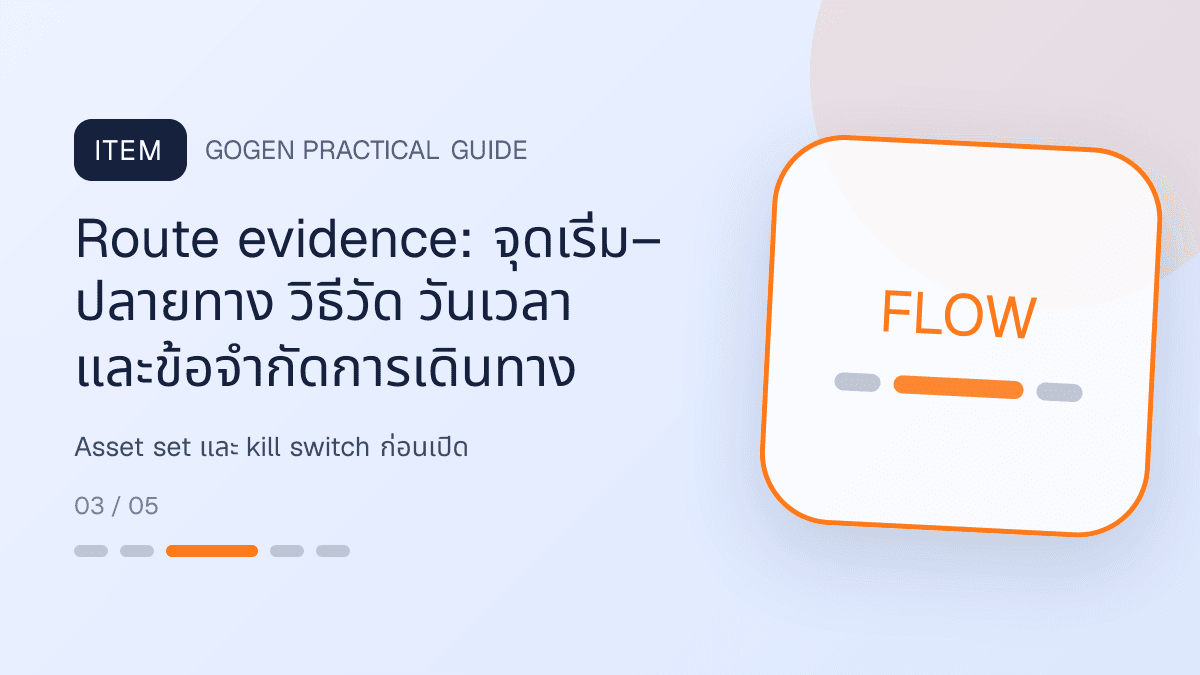แผนที่สื่อห้าช่วงสำหรับธุรกิจอสังหาริมทรัพย์ แสดงบ้าน คอนโด และพื้นที่เชิงพาณิชย์ในสไตล์โปร่ง เป็นมืออาชีพ และสมจริง: Route evidence: จุดเริ่ม–ปลายทาง วิธีวัด วันเวลา และข้อจำกัดการเดินทาง