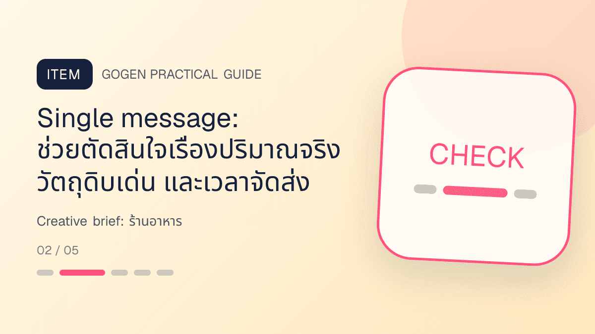 Creative briefสำหรับร้านอาหาร แสดงเมนูจานหลัก ของทานเล่น และชุดอาหารในสไตล์น่ากิน อบอุ่น และเห็นเนื้อสัมผัสชัด: Single message: ช่วยตัดสินใจเรื่องปริมาณจริง วัตถุดิบเด่น และเวลาจัดส่ง