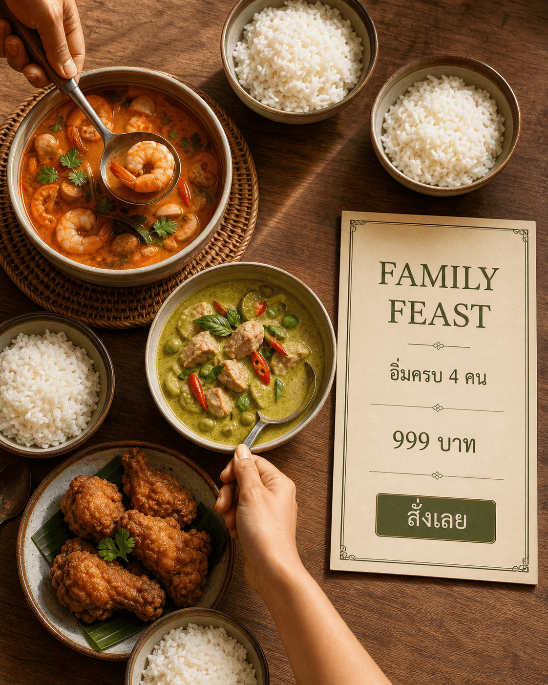 โปสเตอร์ Family Feast แบบโต๊ะอาหารพร้อมการ์ดเมนูอิ่มครบ 4 คน 999 บาท