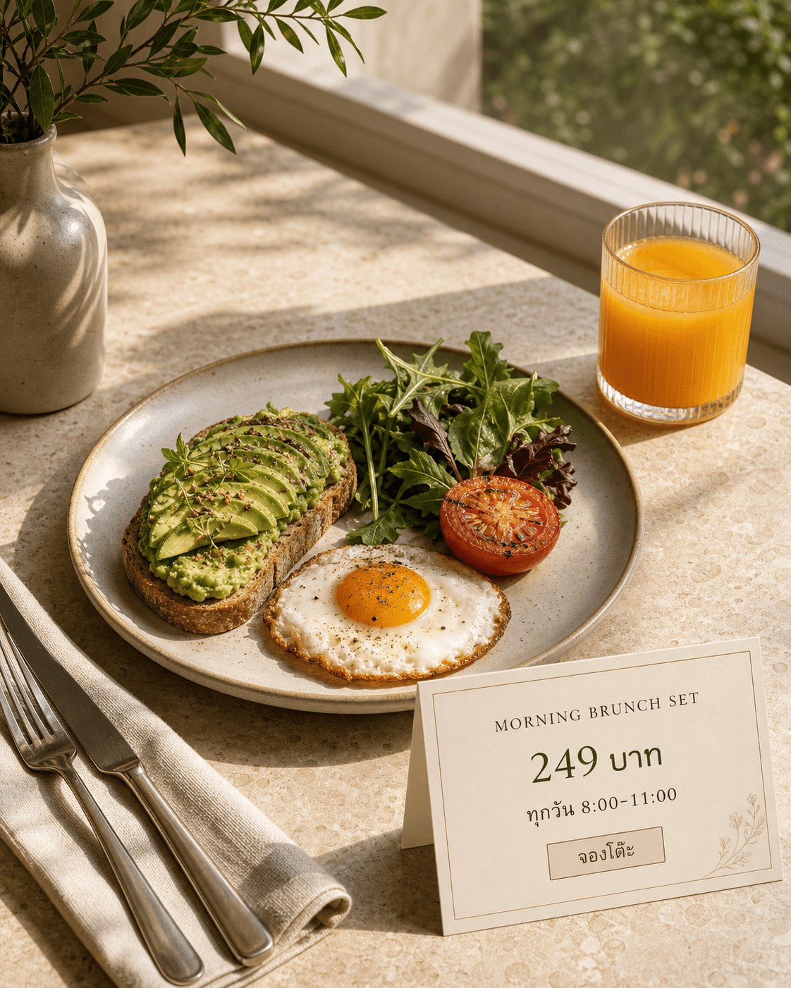 โปสเตอร์ Morning Brunch Set แบบ editorial พร้อมราคา 249 บาท ช่วงเวลา และจองโต๊ะ