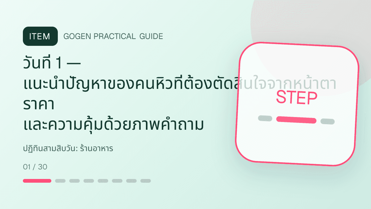 ปฏิทินสามสิบวันสำหรับร้านอาหาร แสดงเมนูจานหลัก ของทานเล่น และชุดอาหารในสไตล์น่ากิน อบอุ่น และเห็นเนื้อสัมผัสชัด: วันที่ 1 — แนะนำปัญหาของคนหิวที่ต้องตัดสินใจจากหน้าตา ราคา และความคุ้มด้วยภาพคำถาม