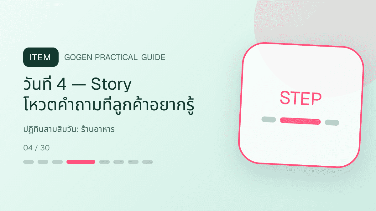 ปฏิทินสามสิบวันสำหรับร้านอาหาร แสดงเมนูจานหลัก ของทานเล่น และชุดอาหารในสไตล์น่ากิน อบอุ่น และเห็นเนื้อสัมผัสชัด: วันที่ 4 — Story โหวตคำถามที่ลูกค้าอยากรู้