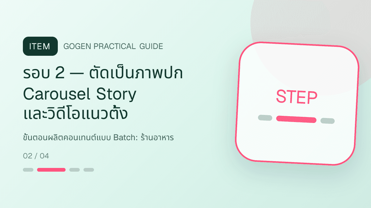 ขั้นตอนผลิตคอนเทนต์แบบ Batchสำหรับร้านอาหาร แสดงเมนูจานหลัก ของทานเล่น และชุดอาหารในสไตล์น่ากิน อบอุ่น และเห็นเนื้อสัมผัสชัด: รอบ 2 — ตัดเป็นภาพปก Carousel Story และวิดีโอแนวตั้ง