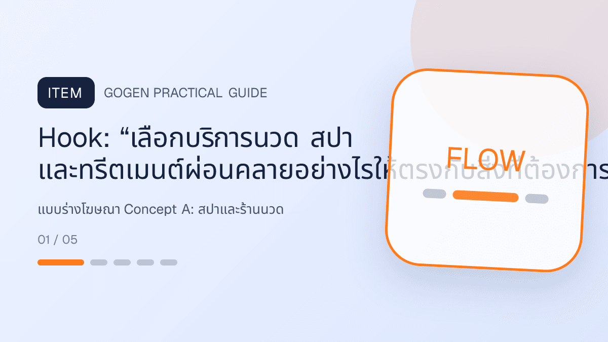 แบบร่างโฆษณา Concept Aสำหรับสปาและร้านนวด แสดงบริการนวด สปา และทรีตเมนต์ผ่อนคลายในสไตล์สงบ พรีเมียม และเป็นธรรมชาติ: Hook: “เลือกบริการนวด สปา และทรีตเมนต์ผ่อนคลายอย่างไรให้ตรงกับสิ่งที่ต้องการ”