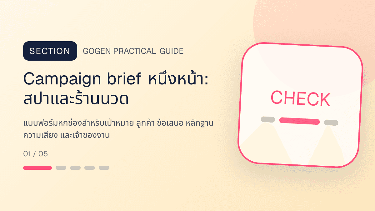 Campaign brief หนึ่งหน้าสำหรับสปาและร้านนวด แสดงบริการนวด สปา และทรีตเมนต์ผ่อนคลายในสไตล์สงบ พรีเมียม และเป็นธรรมชาติ