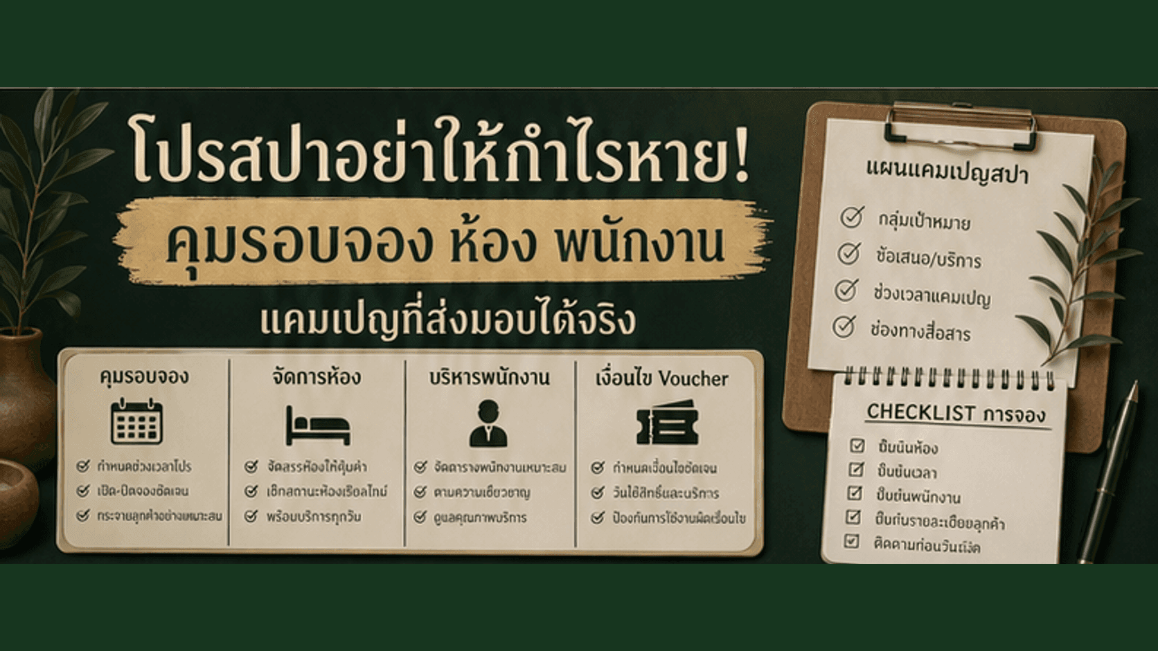 โปรสปาอย่าให้กำไรหาย! แผนแคมเปญที่คุมรอบจอง พนักงาน ห้อง และเงื่อนไขจริง
