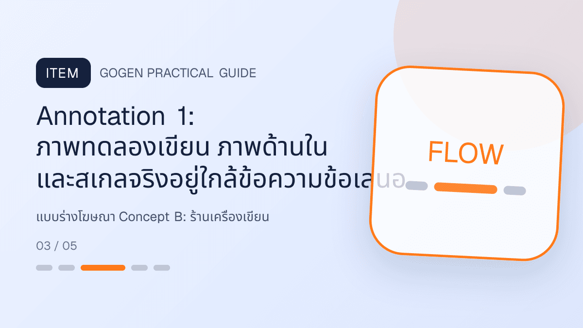 แบบร่างโฆษณา Concept Bสำหรับร้านเครื่องเขียน แสดงสมุด ปากกา สติกเกอร์ และอุปกรณ์จัดระเบียบในสไตล์สดใส เป็นระเบียบ และชวนสะสม: Annotation 1: ภาพทดลองเขียน ภาพด้านใน และสเกลจริงอยู่ใกล้ข้อความข้อเสนอ