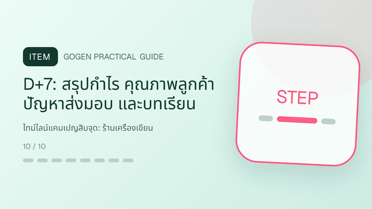 ไทม์ไลน์แคมเปญสิบจุดสำหรับร้านเครื่องเขียน แสดงสมุด ปากกา สติกเกอร์ และอุปกรณ์จัดระเบียบในสไตล์สดใส เป็นระเบียบ และชวนสะสม: D+7: สรุปกำไร คุณภาพลูกค้า ปัญหาส่งมอบ และบทเรียน