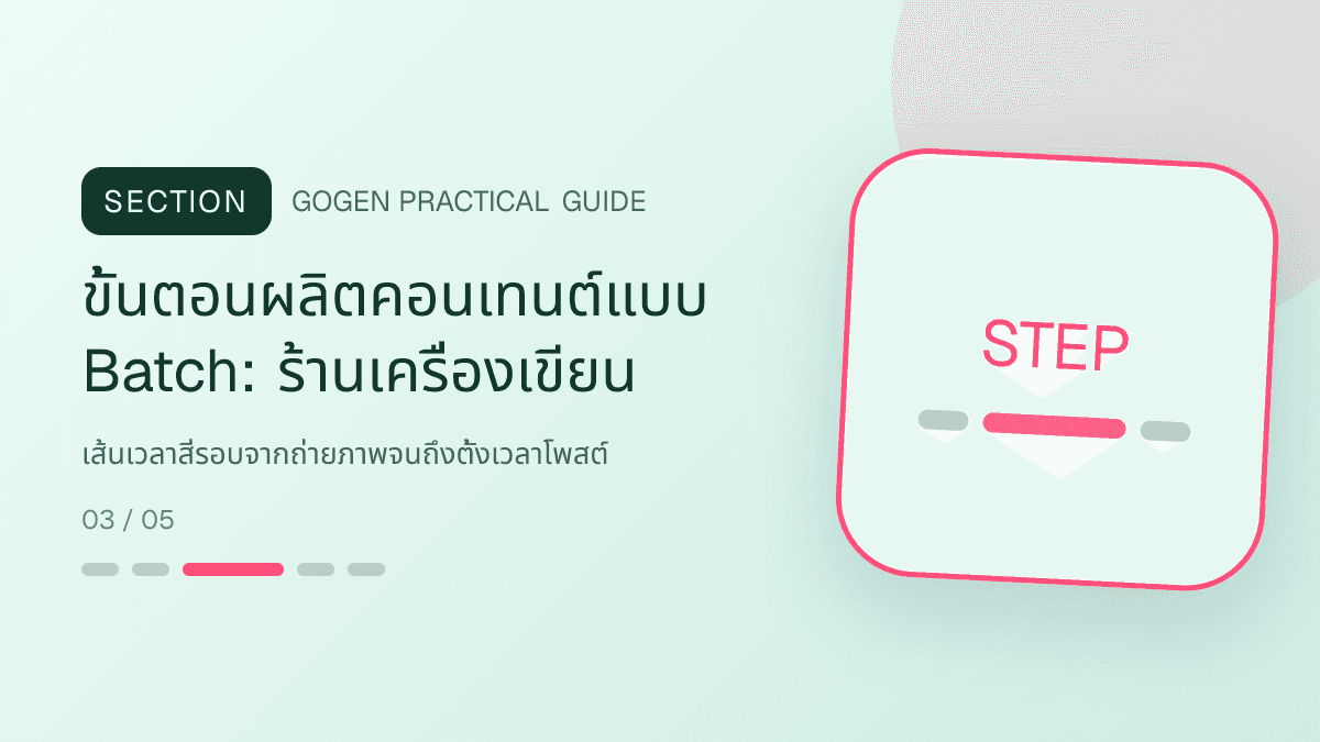 ขั้นตอนผลิตคอนเทนต์แบบ Batchสำหรับร้านเครื่องเขียน แสดงสมุด ปากกา สติกเกอร์ และอุปกรณ์จัดระเบียบในสไตล์สดใส เป็นระเบียบ และชวนสะสม