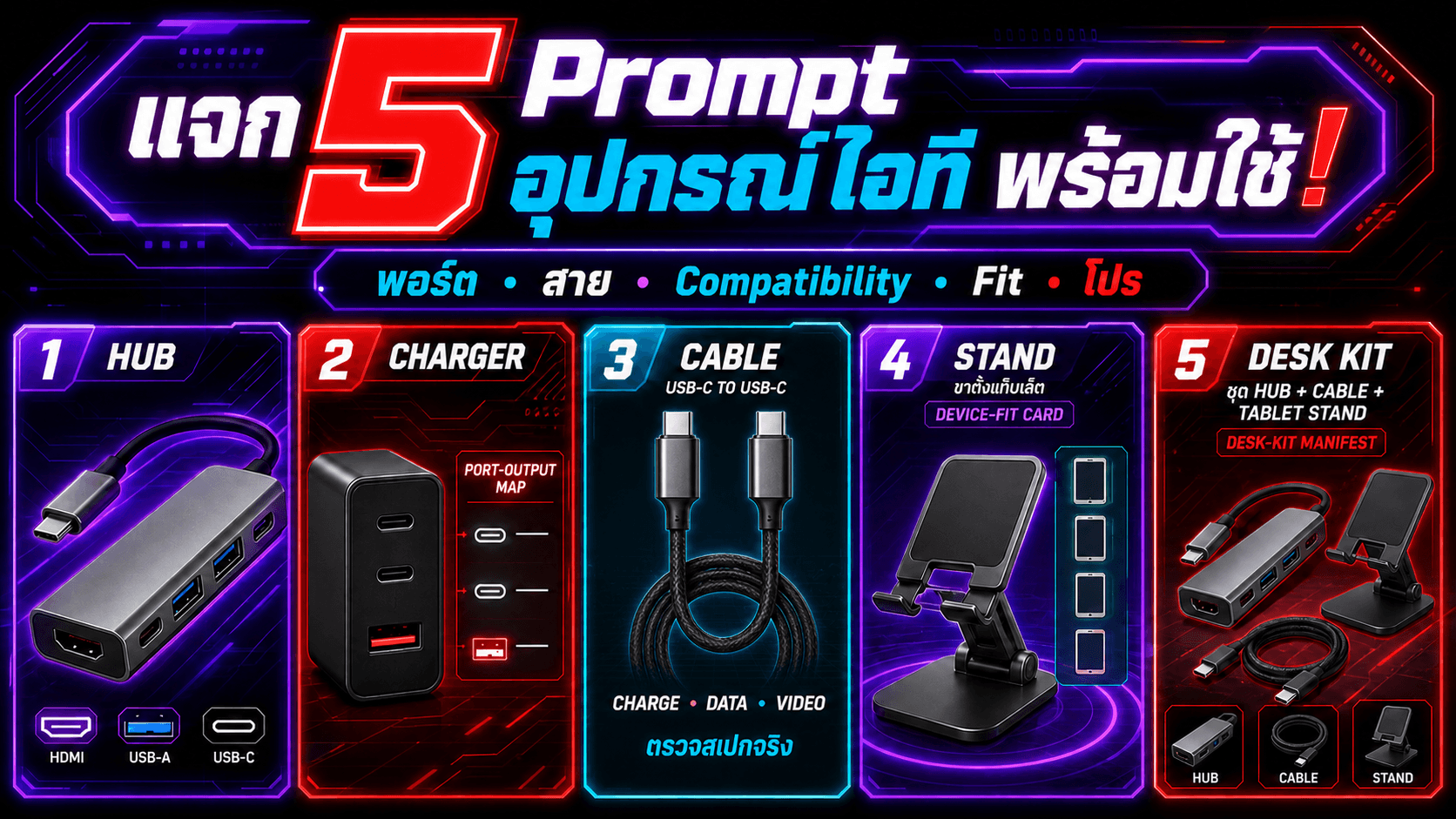 แจก 5 Prompt อุปกรณ์ไอทีพร้อมใช้! พอร์ต สเปก Compatibility และโปรครบในภาพเดียว