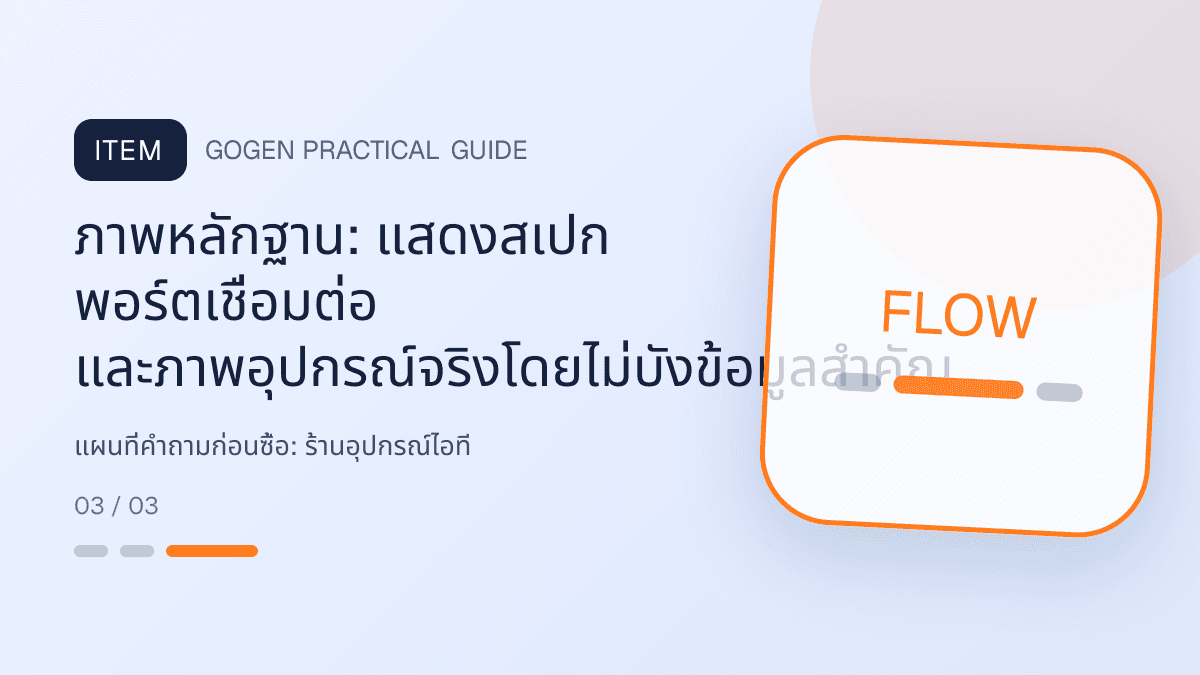 แผนที่คำถามก่อนซื้อสำหรับร้านอุปกรณ์ไอที แสดงคีย์บอร์ด เมาส์ หูฟัง และอุปกรณ์เสริมในสไตล์คม ทันสมัย และอ่านสเปกง่าย: ภาพหลักฐาน: แสดงสเปก พอร์ตเชื่อมต่อ และภาพอุปกรณ์จริงโดยไม่บังข้อมูลสำคัญ