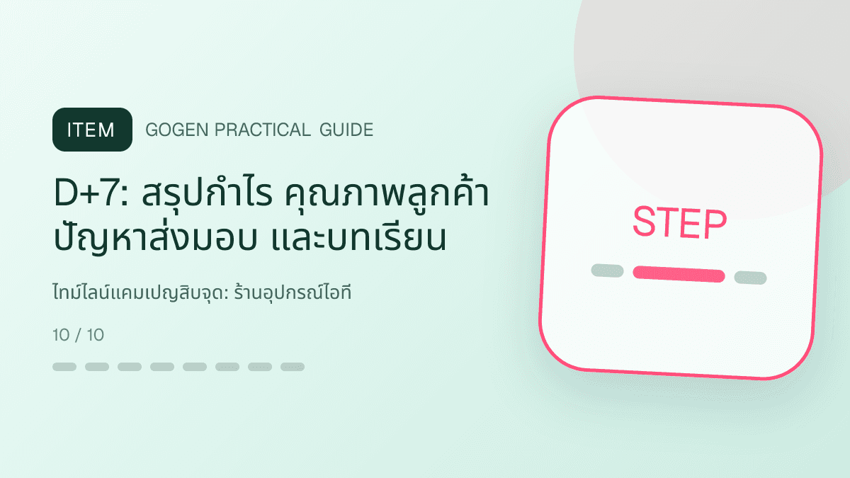 ไทม์ไลน์แคมเปญสิบจุดสำหรับร้านอุปกรณ์ไอที แสดงคีย์บอร์ด เมาส์ หูฟัง และอุปกรณ์เสริมในสไตล์คม ทันสมัย และอ่านสเปกง่าย: D+7: สรุปกำไร คุณภาพลูกค้า ปัญหาส่งมอบ และบทเรียน