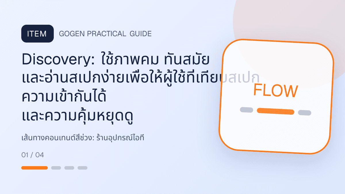 เส้นทางคอนเทนต์สี่ช่วงสำหรับร้านอุปกรณ์ไอที แสดงคีย์บอร์ด เมาส์ หูฟัง และอุปกรณ์เสริมในสไตล์คม ทันสมัย และอ่านสเปกง่าย: Discovery: ใช้ภาพคม ทันสมัย และอ่านสเปกง่ายเพื่อให้ผู้ใช้ที่เทียบสเปก ความเข้ากันได้ และความคุ้มหยุดดู