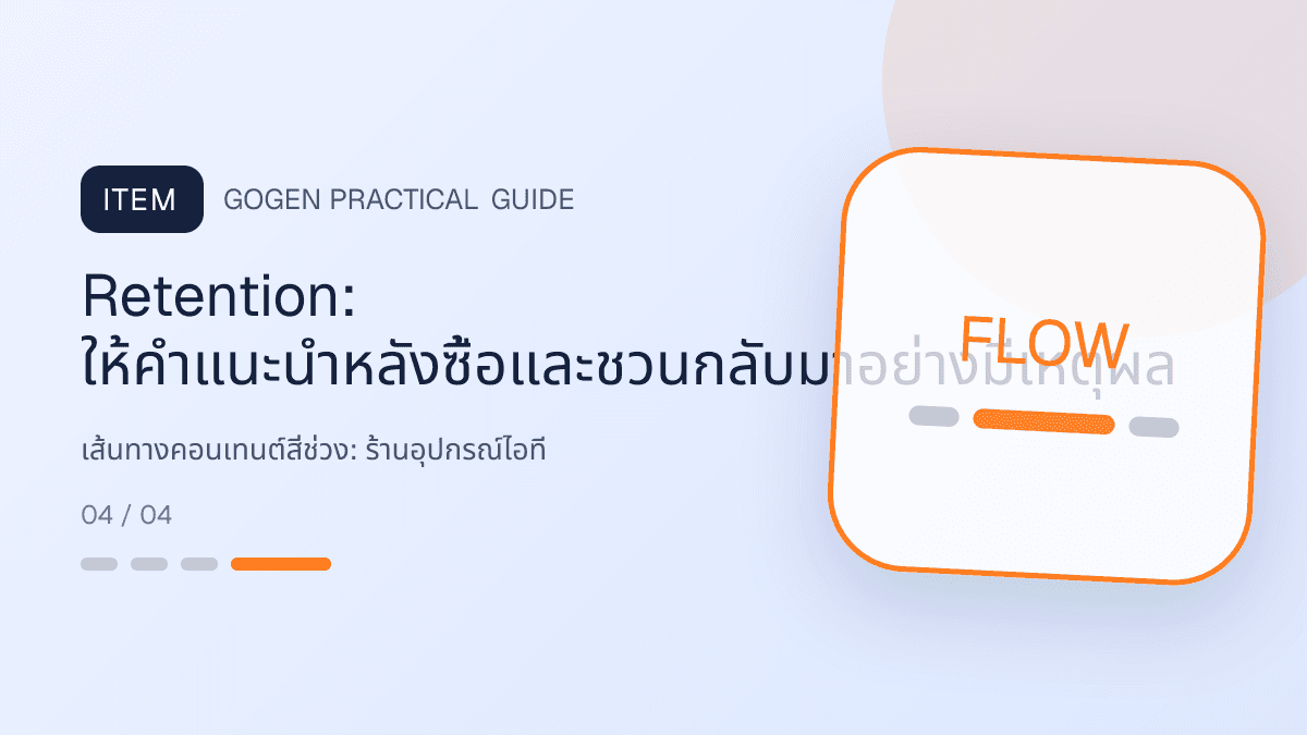เส้นทางคอนเทนต์สี่ช่วงสำหรับร้านอุปกรณ์ไอที แสดงคีย์บอร์ด เมาส์ หูฟัง และอุปกรณ์เสริมในสไตล์คม ทันสมัย และอ่านสเปกง่าย: Retention: ให้คำแนะนำหลังซื้อและชวนกลับมาอย่างมีเหตุผล