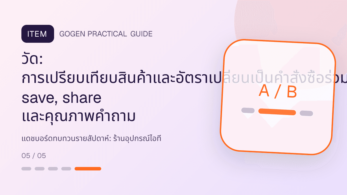 แดชบอร์ดทบทวนรายสัปดาห์สำหรับร้านอุปกรณ์ไอที แสดงคีย์บอร์ด เมาส์ หูฟัง และอุปกรณ์เสริมในสไตล์คม ทันสมัย และอ่านสเปกง่าย: วัด: การเปรียบเทียบสินค้าและอัตราเปลี่ยนเป็นคำสั่งซื้อร่วมกับ save, share และคุณภาพคำถาม