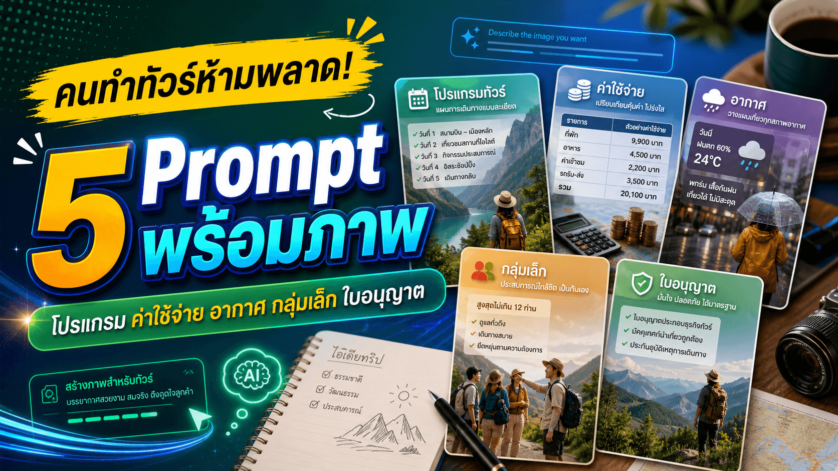 คนทำทัวร์ห้ามพลาด! 5 Prompt พร้อมภาพ ทำโปรแกรมทริป ค่าใช้จ่าย สภาพอากาศ กลุ่มเล็ก และใบอนุญาต