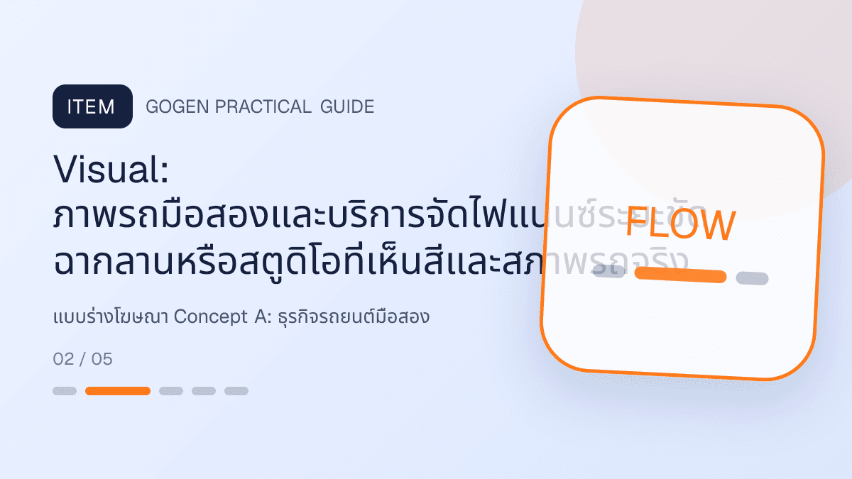 แบบร่างโฆษณา Concept Aสำหรับธุรกิจรถยนต์มือสอง แสดงรถมือสองและบริการจัดไฟแนนซ์ในสไตล์ตรงไปตรงมา แข็งแรง และให้ข้อมูลครบ: Visual: ภาพรถมือสองและบริการจัดไฟแนนซ์ระยะชัด ฉากลานหรือสตูดิโอที่เห็นสีและสภาพรถจริง
