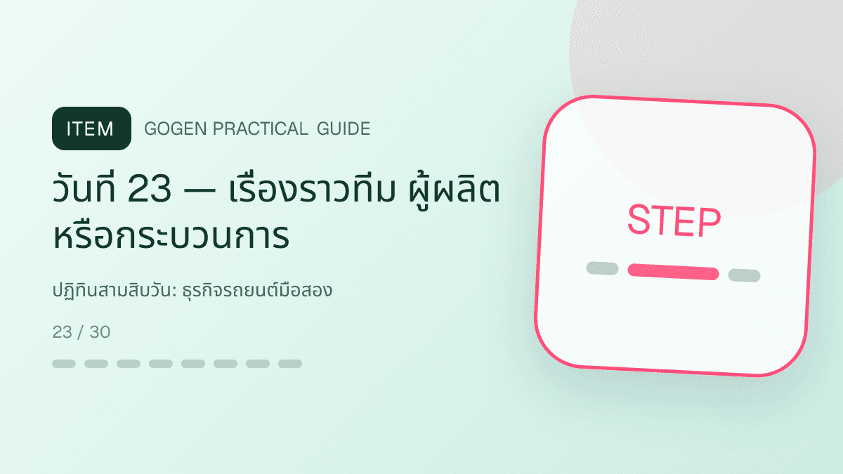 ปฏิทินสามสิบวันสำหรับธุรกิจรถยนต์มือสอง แสดงรถมือสองและบริการจัดไฟแนนซ์ในสไตล์ตรงไปตรงมา แข็งแรง และให้ข้อมูลครบ: วันที่ 23 — เรื่องราวทีม ผู้ผลิต หรือกระบวนการ