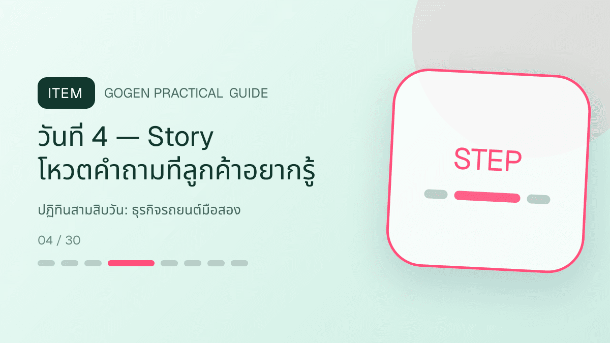 ปฏิทินสามสิบวันสำหรับธุรกิจรถยนต์มือสอง แสดงรถมือสองและบริการจัดไฟแนนซ์ในสไตล์ตรงไปตรงมา แข็งแรง และให้ข้อมูลครบ: วันที่ 4 — Story โหวตคำถามที่ลูกค้าอยากรู้