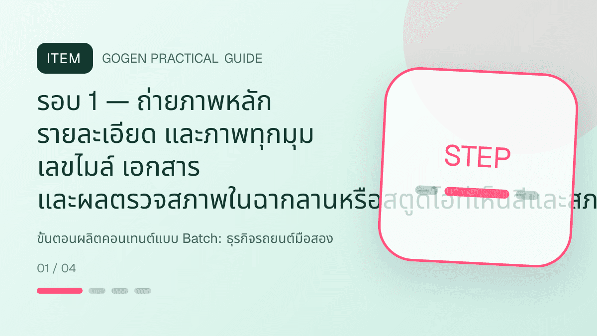 ขั้นตอนผลิตคอนเทนต์แบบ Batchสำหรับธุรกิจรถยนต์มือสอง แสดงรถมือสองและบริการจัดไฟแนนซ์ในสไตล์ตรงไปตรงมา แข็งแรง และให้ข้อมูลครบ: รอบ 1 — ถ่ายภาพหลัก รายละเอียด และภาพทุกมุม เลขไมล์ เอกสาร และผลตรวจสภาพในฉากลานหรือสตูดิโอที่เห็นสีและสภาพรถจริง