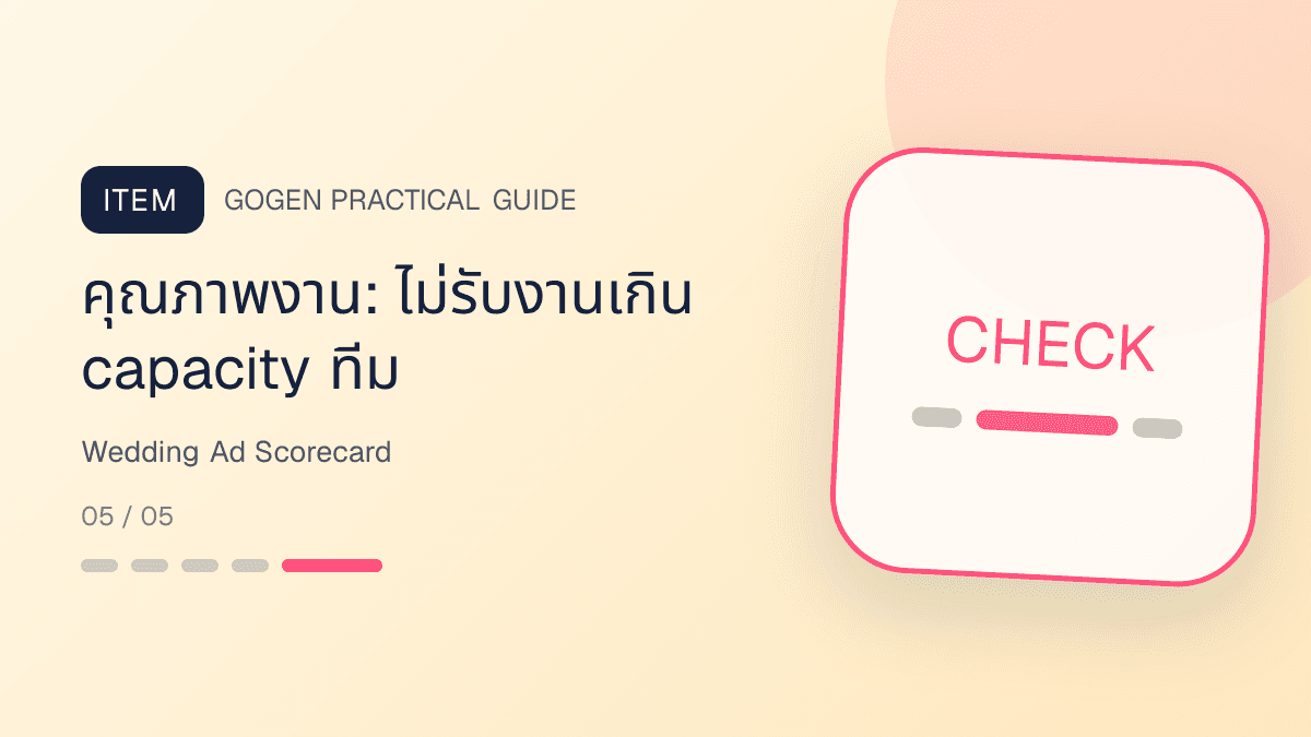 ตารางวัดผลแอดงานแต่งจาก lead คุณภาพ ข้อมูลครบ นัดคุย ใบเสนอราคา และข้อโต้แย้ง: คุณภาพงาน: ไม่รับงานเกิน capacity ทีม