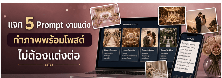 แจก 5 Prompt งานแต่ง! ทำภาพแพ็กเกจ โฆษณา ไทม์ไลน์ และคิวพร้อมโพสต์ ไม่ต้องแต่งต่อ