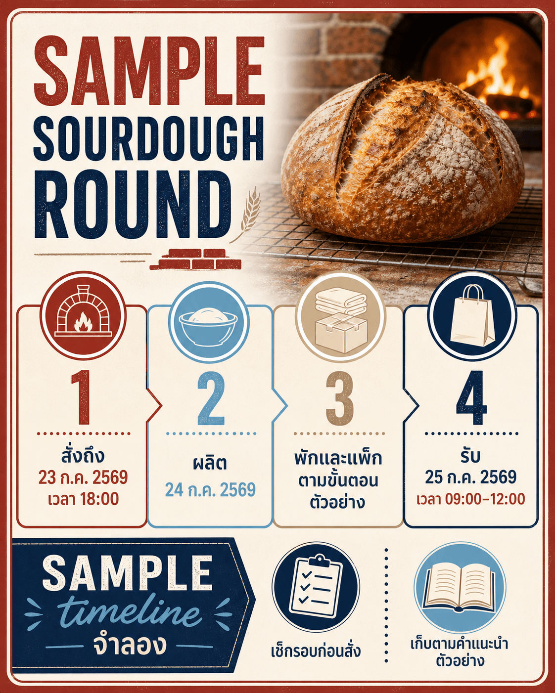 timeline SAMPLE SOURDOUGH ROUND จาก cut-off ผลิต แพ็ก ถึงรับของตัวอย่าง