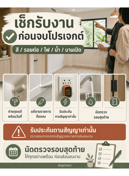การ์ดเช็กรับงานก่อนจบโปรเจกต์พร้อมจุดตรวจ รูปจุดแก้ รับประกันตามสัญญา และ CTA